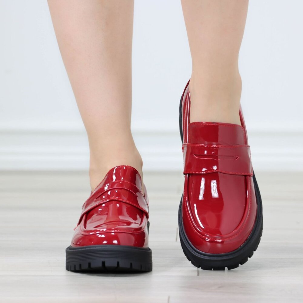 Womens Chunky Penny Loafer Lug Sole Slip On Platform Red Patent - Picture 4 of 16